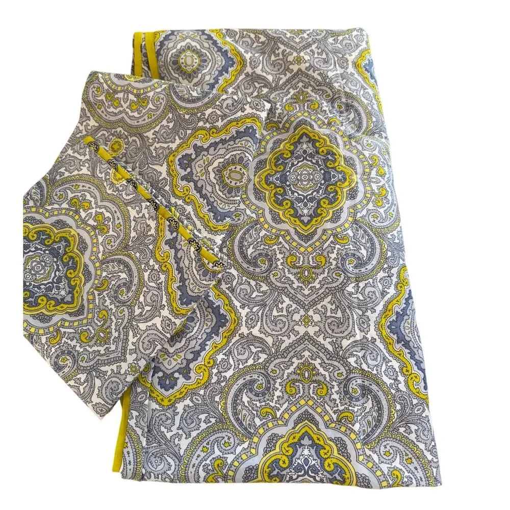 King Size Cotton Duvet Cover & Shams Gray Yellow Classic Medallion Print